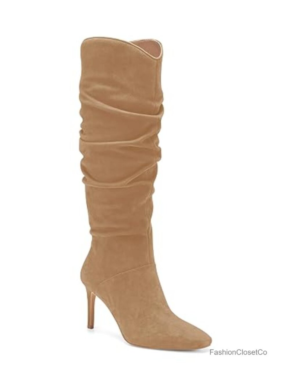 Faux Suede Almond Toe Stiletto Heel Knee High Boots Side Zipper